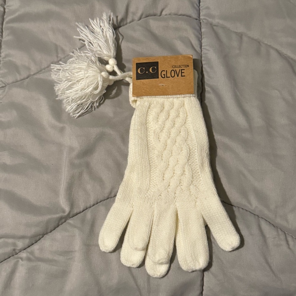 women ivory knit gloves with tassels